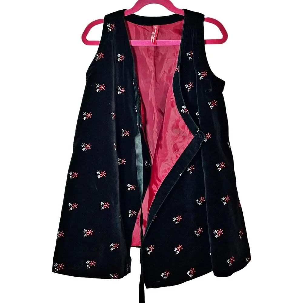 Hanna Andersson Black Velvet Embroidered Floral Wrap Pink Lined Dress Sz 5/110EU